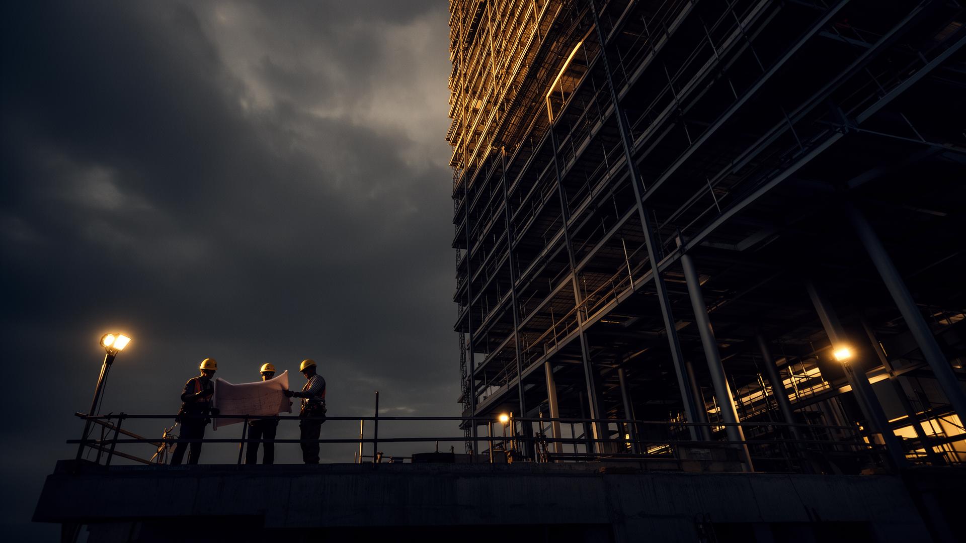 Engineers reviewing plans on a high-rise construction site at dusk